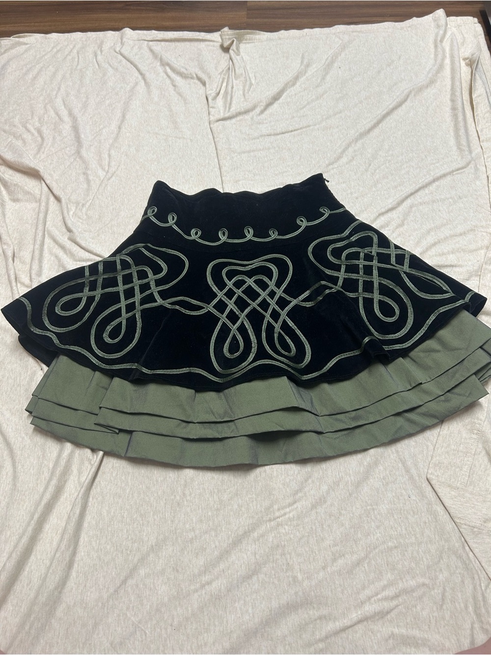 Irish Celtic Knot Velvet Embroidered Mini Skirt Tiered Ruffle Ribbon Dance